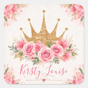 Aquarell-Rosa-Blumen und goldene Tiara Quadratischer Aufkleber