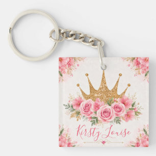 Aquarell-Rosa-Blumen und goldene Tiara Schlüsselanhänger