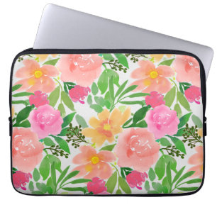 Aquarell rosa Blumen und grüne Blätter Laptopschutzhülle