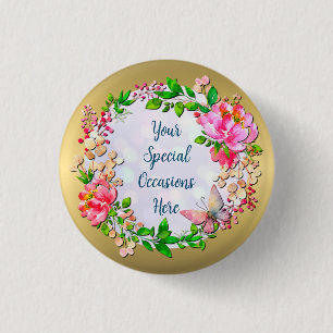 Aquarell Rosa Blumen und Schmetterling Frühling Wu Button