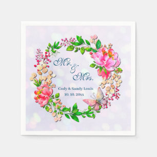 Aquarell Rosa Blumen und Schmetterling Frühling Wu Serviette