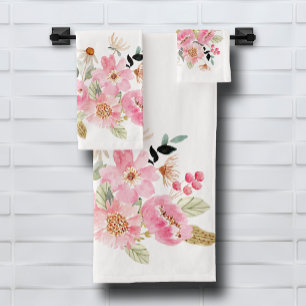 Aquarell Rosa Blumengarten Badhandtuch Set