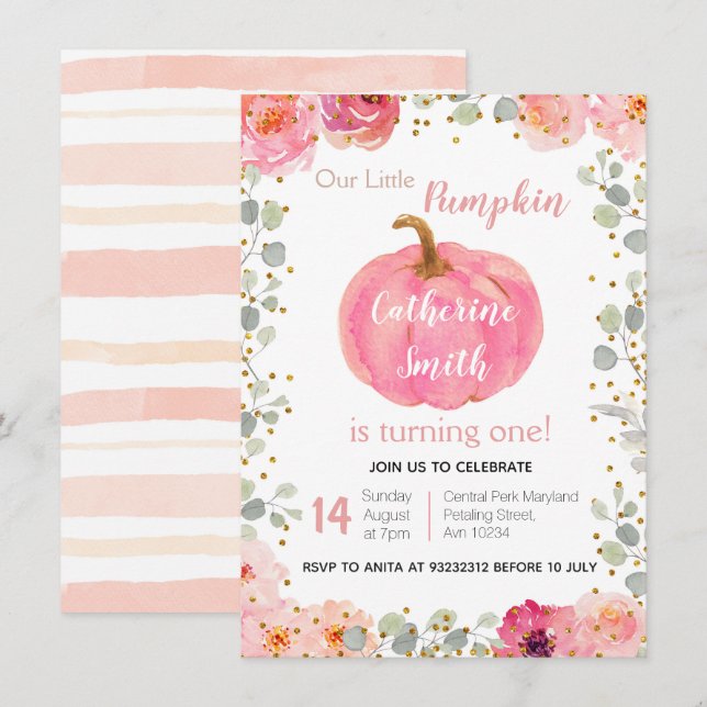 Aquarell-rosa Blumengoldkürbis-1. Geburtstag Einladung (Vorne/Hinten)