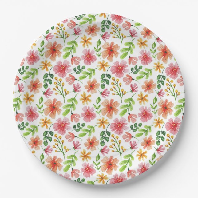Aquarell-Rosa-Blumenmuster Pappteller (Vorderseite)