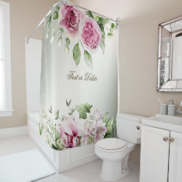 Aquarell Rosa Blumenrahmen Shiny Bronze Elegante Duschvorhang