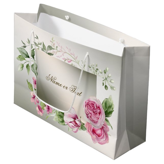 Aquarell Rosa Blumenrahmen Shiny Bronze Elegante Große Geschenktüte (Vorderseite Schrägansicht)