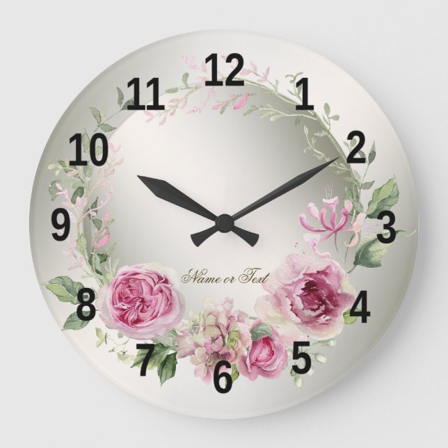 Aquarell Rosa Blumenrahmen Shiny Bronze Elegante Große Wanduhr (Vorderseite)