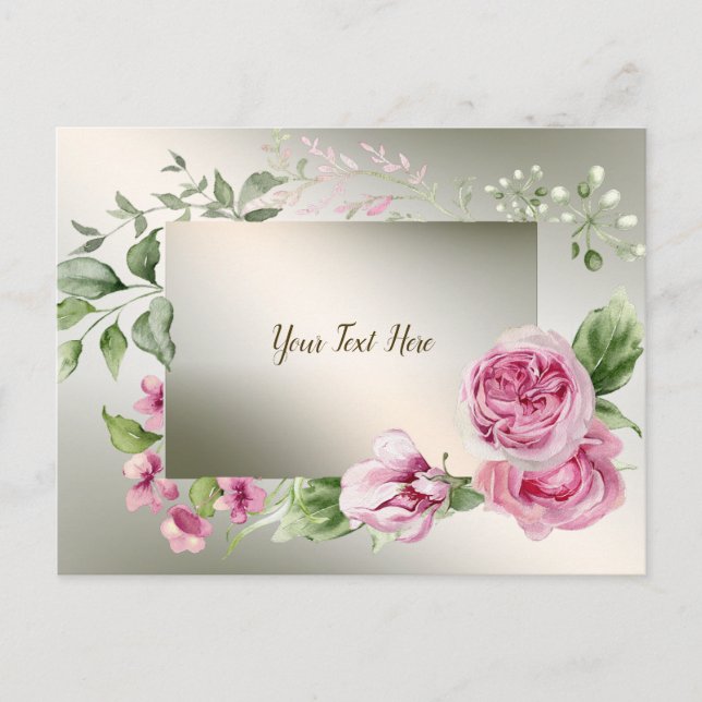 Aquarell Rosa Blumenrahmen Shiny Bronze Elegante Postkarte (Vorderseite)