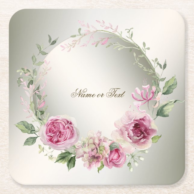 Aquarell Rosa Blumenrahmen Shiny Bronze Party Rechteckiger Pappuntersetzer (Vorderseite)