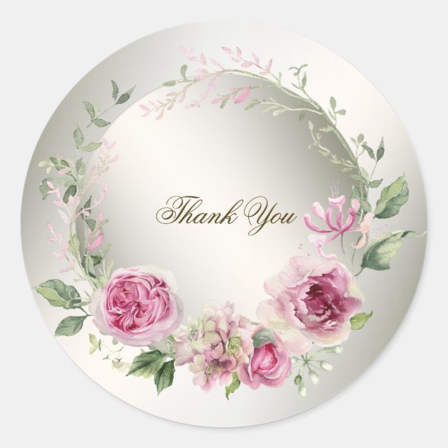 Aquarell Rosa Blumenrahmen Shiny Bronze Party Runder Aufkleber (Vorderseite)