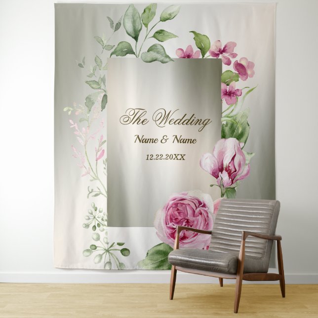 Aquarell Rosa Blumenrahmen Shiny Bronze Party Wandteppich (Beispiel)