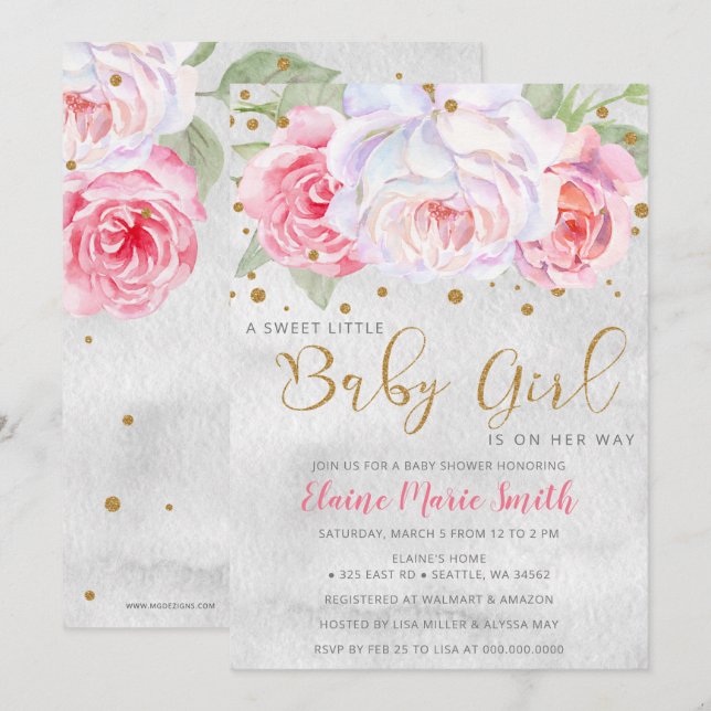 Aquarell Rosa Blush Gold Floral Girl Babydusche Einladung (Vorne/Hinten)