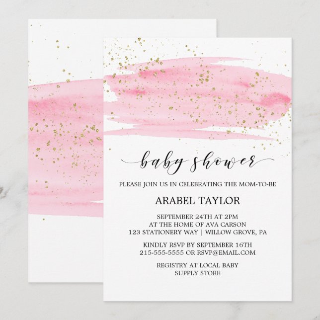 Aquarell Rosa Blush & Gold Sparkle Kinderdusche Einladung (Vorne/Hinten)