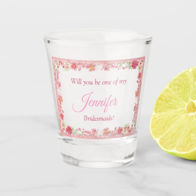 Aquarell Rosa Blüte meine Brautjungfrau Schnapsglas (Vorderseite)