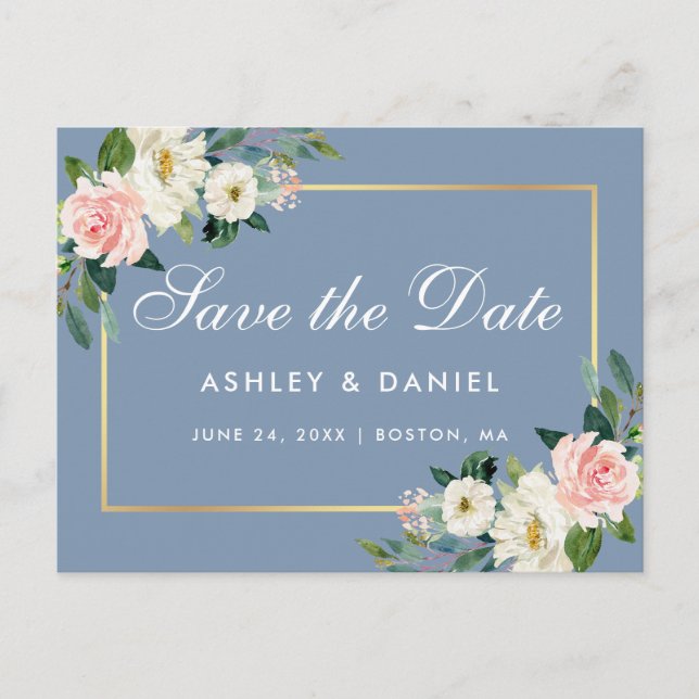 Aquarell Rosa Blütenblau Save the Date Postkarte (Vorderseite)