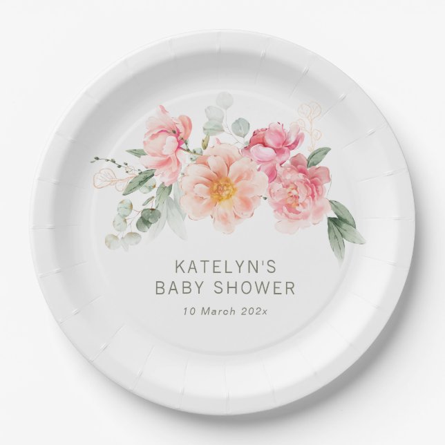 Aquarell Rosa Blütendusche Pappteller (Vorderseite)