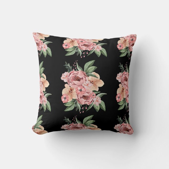 Aquarell Rosa Blütengarten Schwarzes Kissen (Vorderseite)