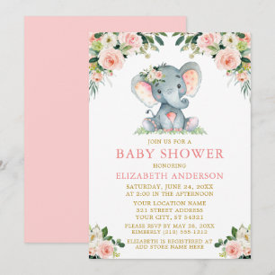 Aquarell Rosa Blütengolddusche Elefant Einladung