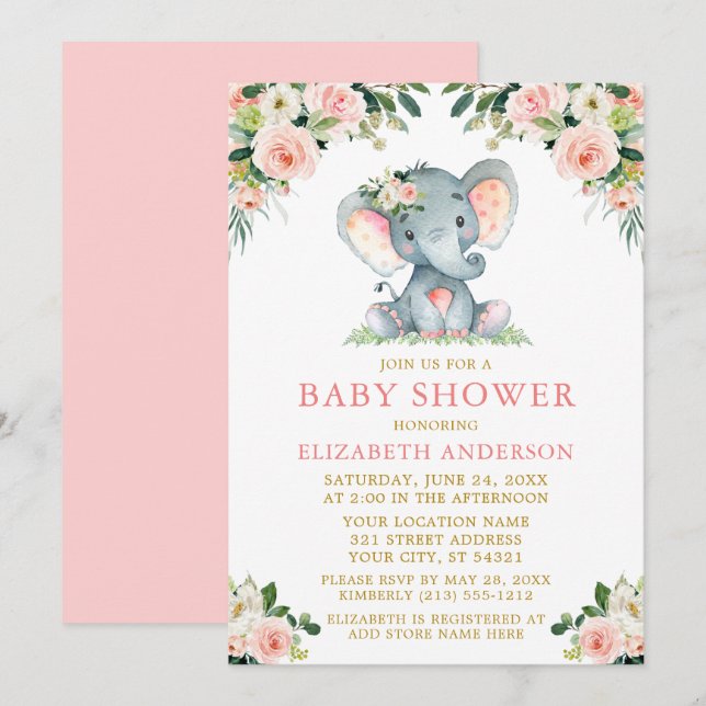 Aquarell Rosa Blütengolddusche Elefant Einladung (Vorne/Hinten)