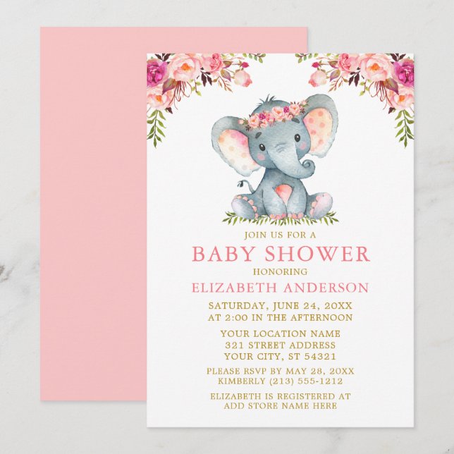 Aquarell Rosa Blütengolddusche Elefant Einladung (Vorne/Hinten)