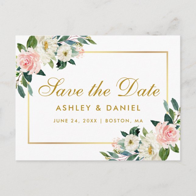 Aquarell Rosa Blütengoldfarben Save the Date Ankündigungspostkarte (Vorderseite)