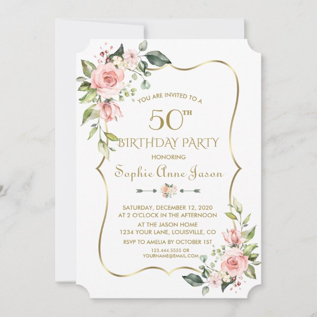 Aquarell Rosa Blütengoldrahmen 50. Geburtstag Einladung (Vorderseite)