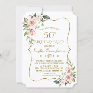 Aquarell Rosa Blütengoldrahmen 50. Geburtstag Einladung