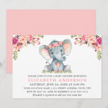 Aquarell Rosa Blütenlephant Babydusche