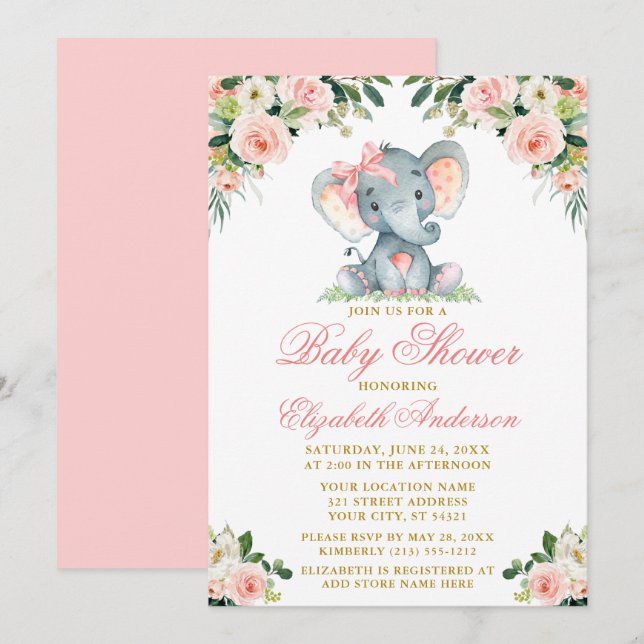 Aquarell Rosa Blütenlephant Bow Babydusche Einladung (Vorne/Hinten)