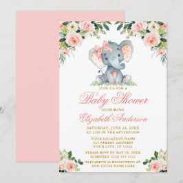 Aquarell Rosa Blütenlephant Bow Babydusche Einladung