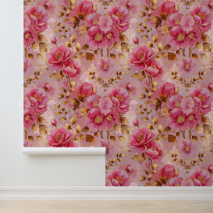 Aquarell Rosa Blütenschimmer Goldene Blüte und Kle Tapete