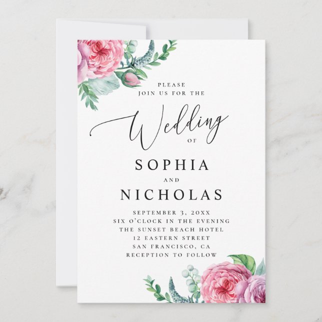 Aquarell rosa boho floral. Bohemische Hochzeit Einladung (Vorderseite)