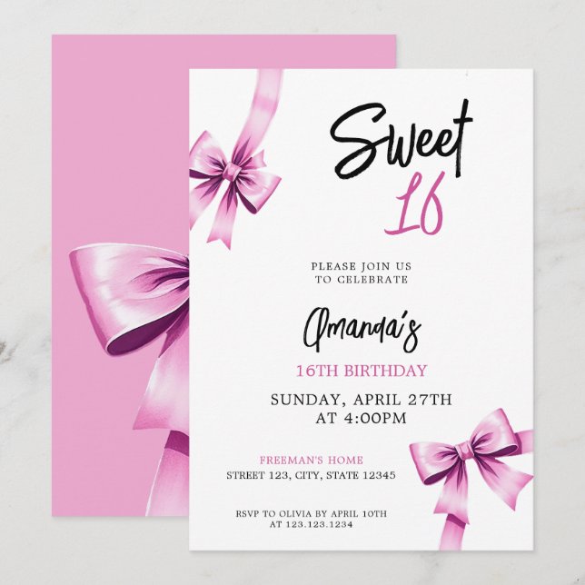 Aquarell Rosa Bows Coquette Sweet 16 Birthday Einladung (Vorne/Hinten)