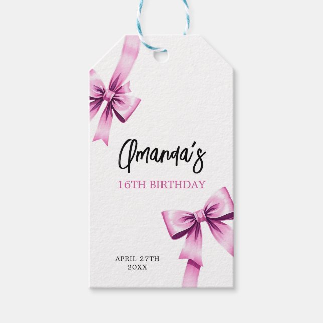 Aquarell Rosa Bows Coquette Sweet 16 Birthday Geschenkanhänger (Vorderseite)