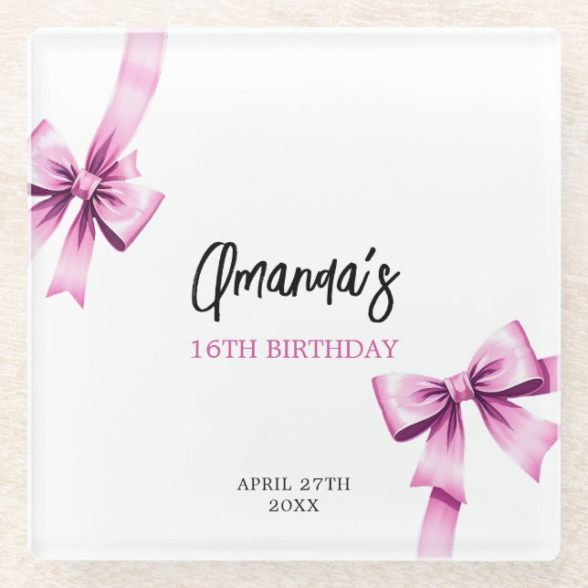 Aquarell Rosa Bows Coquette Sweet 16 Birthday Glasuntersetzer (Vorderseite)