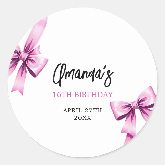 Aquarell Rosa Bows Coquette Sweet 16 Birthday Runder Aufkleber (Vorderseite)