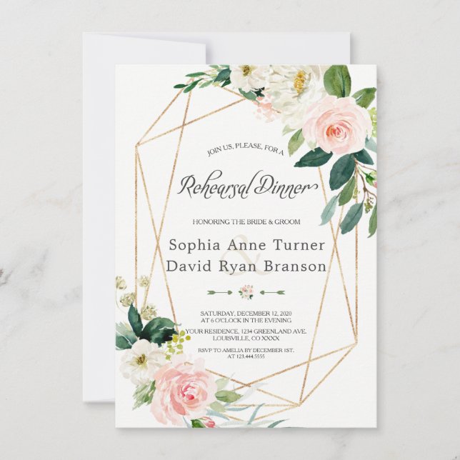Aquarell Rosa Creme Floral Gold Probe Abendessen Einladung (Vorderseite)