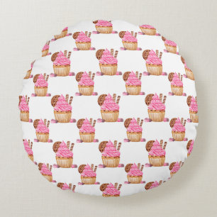 Aquarell-Rosa-Cupcake mit Schokoladenmuster Rundes Kissen