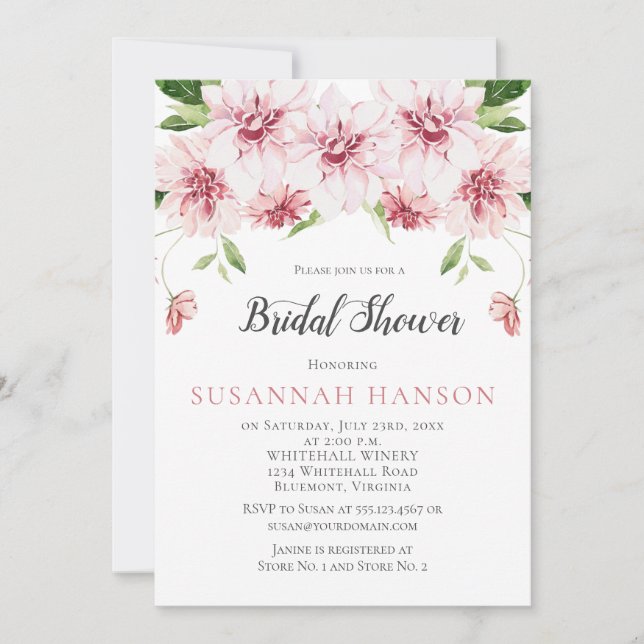 Aquarell Rosa Dahlias Bridal Dusche Einladung (Vorderseite)