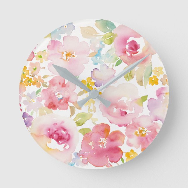 Aquarell-Rosa des Hochsommer-| mit Blumen Runde Wanduhr (Vorderseite)