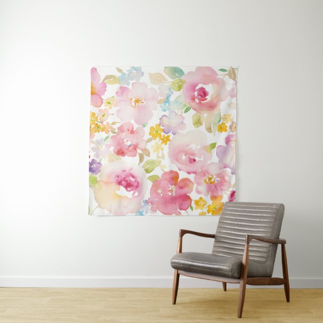 Aquarell-Rosa des Hochsommer-| mit Blumen Wandteppich (Beispiel (Horizontal))