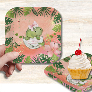 Aquarell-Rosa-Dino-Tropische-Baby-Party Pappteller