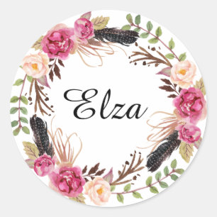 Aquarell-Rosa elegante Blumen und Federn  Runder Aufkleber