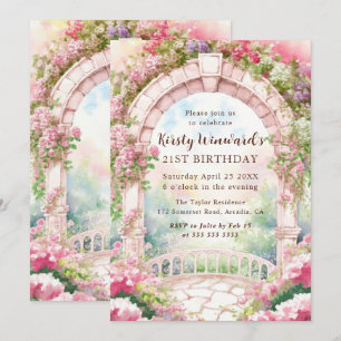 Aquarell-Rosa-Englischer-Garten-Torbogen zum 21. G Einladung