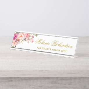 Aquarell-Rosa erröten Blumengold-Namensschild Schreibtischnamensplakette