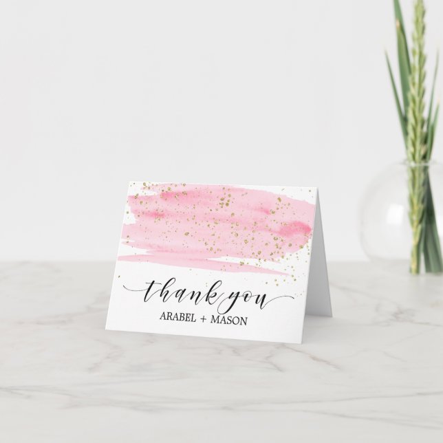 Aquarell-Rosa erröten Goldschein danken Ihnen zu Dankeskarte (Vorderseite)