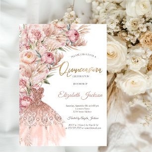 Aquarell Rosa Errötende Blumen Kleid Quinceanera Einladung