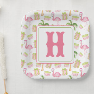 Aquarell-Rosa-Flamingo-Strand-Weihnachts-Monogramm Pappteller