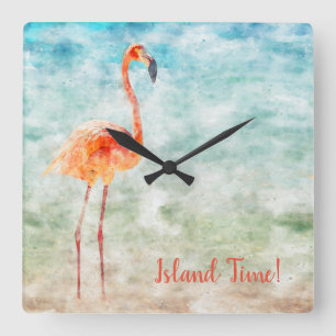 Aquarell Rosa Flamingo   Tropische Inselzeit Quadratische Wanduhr