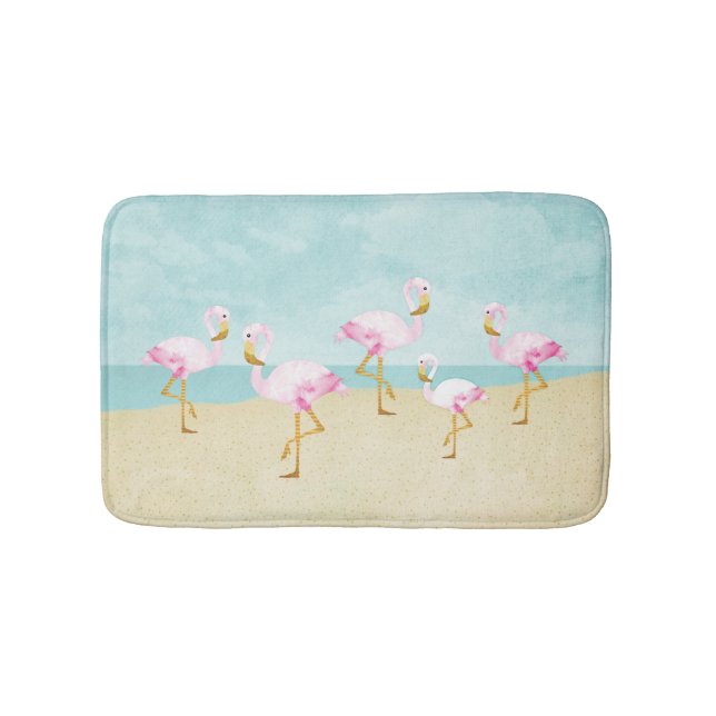 Aquarell-rosa Flamingos auf dem Strand Badematte (Vorderseite)
